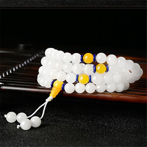 white jade Xinjiang gold silk jade white jade necklace female 108 Buddha beads quartzite jade 108 bracelet sweater chain women