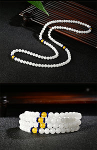 white jade Xinjiang gold silk jade white jade necklace female 108 Buddha beads quartzite jade 108 bracelet sweater chain women