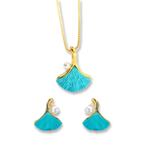 925 Sterling Silver Gold Plated Turquoise Ginkgo Earrings Pendant Necklace Natural Gemstone Jewelry Set For Women Gift Party