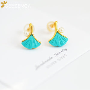 925 Sterling Silver Gold Plated Turquoise Ginkgo Earrings Pendant Necklace Natural Gemstone Jewelry Set For Women Gift Party