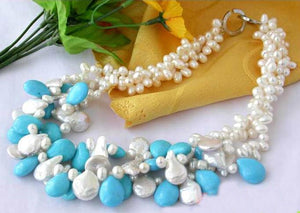 Unique Pearls jewellery Store 3row 14mm White Pearl Natural Drip Turquoises Necklace Fashion Lady's Bithday Party Gift Jewelry