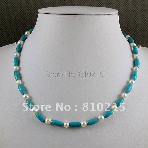 Stunning! AA 6-10MM White Color Freshwater Pearl & Blue Turquoise Necklace Fashion Women's Jewelry Wholesale Free Shipping A1548