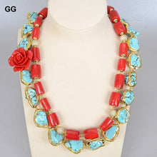 Load image into Gallery viewer, GuaiGuai Jewelry 2 Strands Red Corals Green Turquoises Flower Necklace Cubic Zirconia Pave Clasp 21&quot; For Women