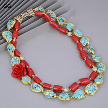 Load image into Gallery viewer, GuaiGuai Jewelry 2 Strands Red Corals Green Turquoises Flower Necklace Cubic Zirconia Pave Clasp 21&quot; For Women