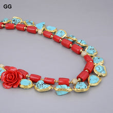 Load image into Gallery viewer, GuaiGuai Jewelry 2 Strands Red Corals Green Turquoises Flower Necklace Cubic Zirconia Pave Clasp 21&quot; For Women