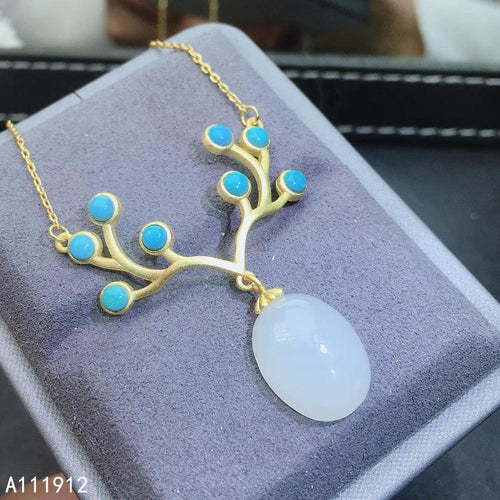 KJJEAXCMY fine jewelry natural white jade Blue Turquoise 925 sterling silver women pendant necklace chain support test exquisite