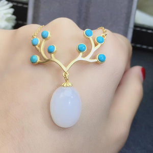 KJJEAXCMY fine jewelry natural white jade Blue Turquoise 925 sterling silver women pendant necklace chain support test exquisite