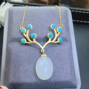 KJJEAXCMY fine jewelry natural white jade Blue Turquoise 925 sterling silver women pendant necklace chain support test exquisite