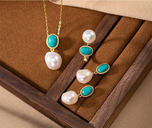 925 Sterling Silver Baroque Pearl Turquoise Gold-plated Jewelry Sets Stud Earring Pendant Ring Simple Trendy Fine Jewelry Women