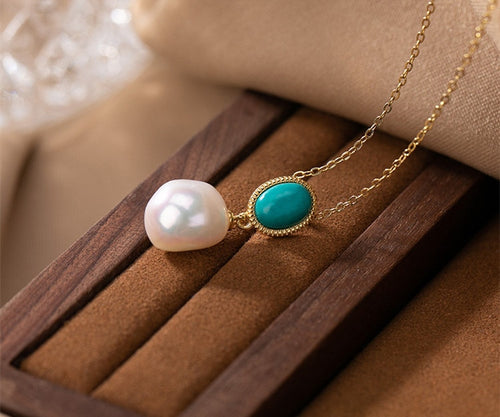 925 Sterling Silver Baroque Pearl Turquoise Gold-plated Jewelry Sets Stud Earring Pendant Ring Simple Trendy Fine Jewelry Women