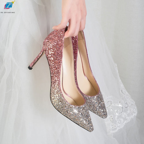 Gradient High Heels Shoes Woman Pumps Golden Shiny Grete Pointed Bridal Shoes Sequins Fashion Party Sexy Thin Heels Women Shoes