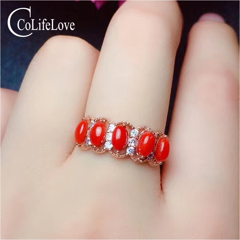 CoLife Jewelry Elegant  Red Coral Ring 100% Real Natural Italian Coral Silver Ring 925 Silver Red Coral Jewelry Gift for Woman