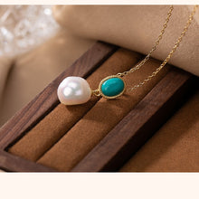 Load image into Gallery viewer, S925 Sterling Silver Gold-Plated Inlaid Natural Pearl Turquoise Ladies Light Luxury Suit Open Ring Earrings Necklace Pendant