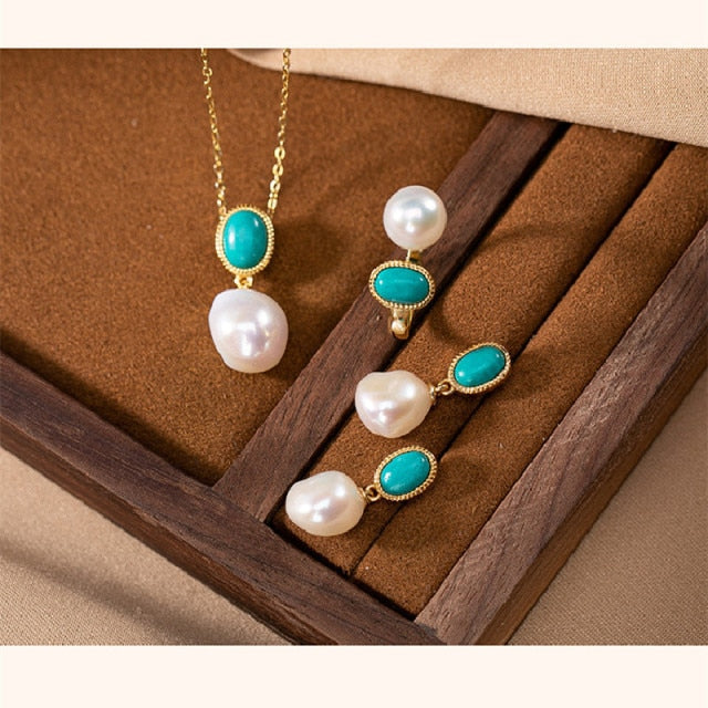 S925 Sterling Silver Gold-Plated Inlaid Natural Pearl Turquoise Ladies Light Luxury Suit Open Ring Earrings Necklace Pendant