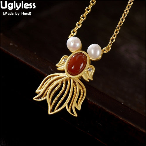 Uglyless Goldfish Necklaces Earrings for Women Luxury Gold Fishes Jewelry Sets Pendants + Chains 925 Silver Pearls Agate Bijoux