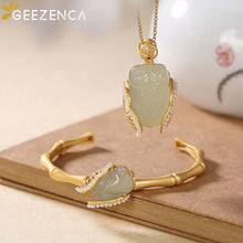 Load image into Gallery viewer, GEEZENCA 925 Sterling Silver Gold Plated Natural Jade Cicada Bangle Necklace Vintage Chinese Style Gemstone Jewelry Set Gift