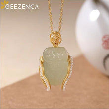 Load image into Gallery viewer, GEEZENCA 925 Sterling Silver Gold Plated Natural Jade Cicada Bangle Necklace Vintage Chinese Style Gemstone Jewelry Set Gift