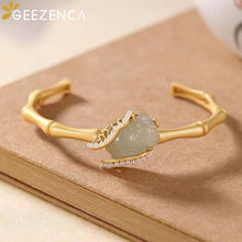 Load image into Gallery viewer, GEEZENCA 925 Sterling Silver Gold Plated Natural Jade Cicada Bangle Necklace Vintage Chinese Style Gemstone Jewelry Set Gift