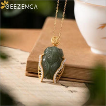 Load image into Gallery viewer, GEEZENCA 925 Sterling Silver Gold Plated Natural Jade Cicada Bangle Necklace Vintage Chinese Style Gemstone Jewelry Set Gift