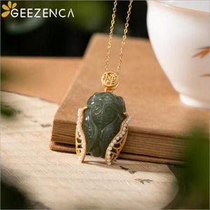 GEEZENCA 925 Sterling Silver Gold Plated Natural Jade Cicada Bangle Necklace Vintage Chinese Style Gemstone Jewelry Set Gift