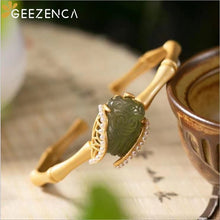 Load image into Gallery viewer, GEEZENCA 925 Sterling Silver Gold Plated Natural Jade Cicada Bangle Necklace Vintage Chinese Style Gemstone Jewelry Set Gift