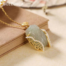 Load image into Gallery viewer, GEEZENCA 925 Sterling Silver Gold Plated Natural Jade Cicada Bangle Necklace Vintage Chinese Style Gemstone Jewelry Set Gift