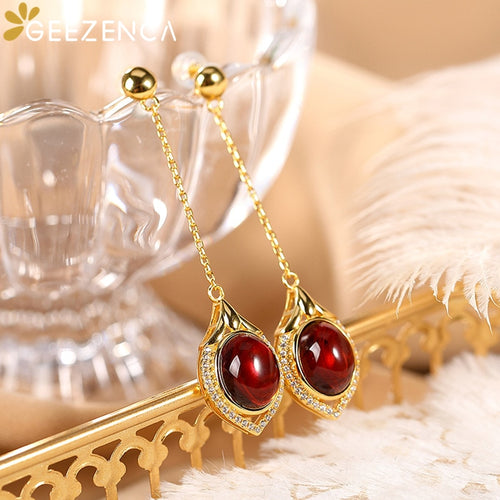 GEEZENCA 925 Sterling Silver Goldplated Red Amber Stud Earrings For Women Fine Jewelry Court Style Trendy Dangle Earring Gift