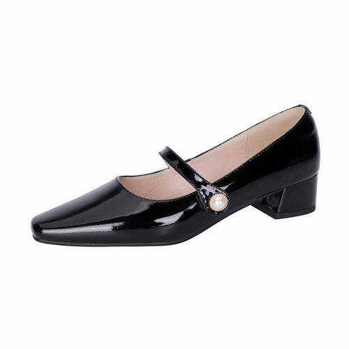 Genuine Leather Mary Janes Heels Women Spring Buckle Mid Thick Heel Shoes Fashion Lady Black Wine Red Square Toe Pumps 2022 New