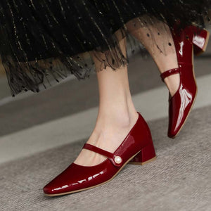 Genuine Leather Mary Janes Heels Women Spring Buckle Mid Thick Heel Shoes Fashion Lady Black Wine Red Square Toe Pumps 2022 New