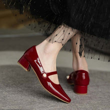 Load image into Gallery viewer, Genuine Leather Mary Janes Heels Women Spring Buckle Mid Thick Heel Shoes Fashion Lady Black Wine Red Square Toe Pumps 2022 New