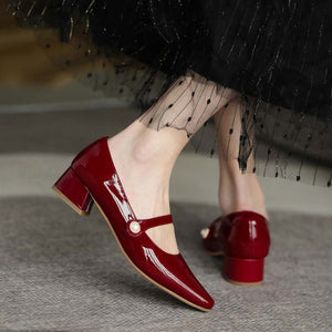 Genuine Leather Mary Janes Heels Women Spring Buckle Mid Thick Heel Shoes Fashion Lady Black Wine Red Square Toe Pumps 2022 New