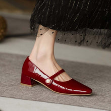 Load image into Gallery viewer, Genuine Leather Mary Janes Heels Women Spring Buckle Mid Thick Heel Shoes Fashion Lady Black Wine Red Square Toe Pumps 2022 New