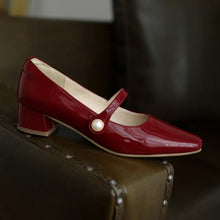 Load image into Gallery viewer, Genuine Leather Mary Janes Heels Women Spring Buckle Mid Thick Heel Shoes Fashion Lady Black Wine Red Square Toe Pumps 2022 New