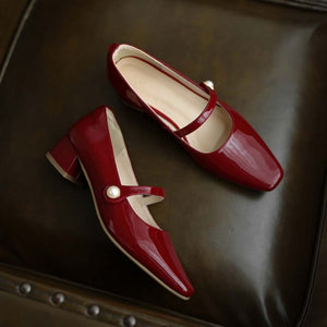 Genuine Leather Mary Janes Heels Women Spring Buckle Mid Thick Heel Shoes Fashion Lady Black Wine Red Square Toe Pumps 2022 New