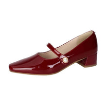 Load image into Gallery viewer, Genuine Leather Mary Janes Heels Women Spring Buckle Mid Thick Heel Shoes Fashion Lady Black Wine Red Square Toe Pumps 2022 New