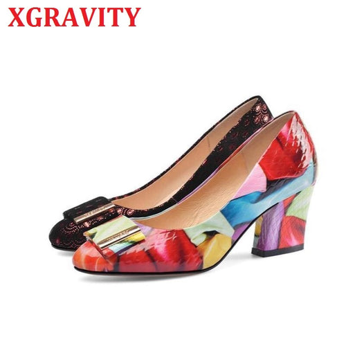 XGRAVITY Colorful High Heel Pumps Sexy Women High Heels Chunky Heel Butterfly Know Flower Shoes  Genuine Leather Ladies Shoe C69