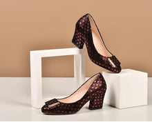 Load image into Gallery viewer, XGRAVITY Colorful High Heel Pumps Sexy Women High Heels Chunky Heel Butterfly Know Flower Shoes  Genuine Leather Ladies Shoe C69