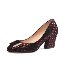 Load image into Gallery viewer, XGRAVITY Colorful High Heel Pumps Sexy Women High Heels Chunky Heel Butterfly Know Flower Shoes  Genuine Leather Ladies Shoe C69