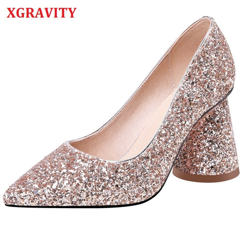 XGRAVITY Party Shoes Ladies Wedding Shoes Fashion High Heel Pointed Toe Women Bridal Shoes Elegant Ladies Cone Heel Shoes A070
