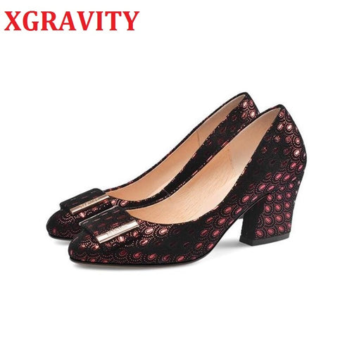 XGRAVITY Vintage Women Shoes Elegant Genuine Leather Round Toe Dress Shoes Sexy Fashion Party Shoes Evening Shoes Female C069