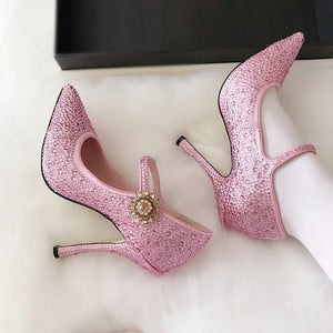 Bling Bling Crystal Decor Wedding Dress Shoes Women High Heels Pink Satin Pointed Toe Rhinestone Pumps Chaussures Femme 2019
