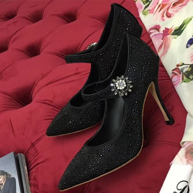 Bling Bling Crystal Decor Wedding Dress Shoes Women High Heels Pink Satin Pointed Toe Rhinestone Pumps Chaussures Femme 2019