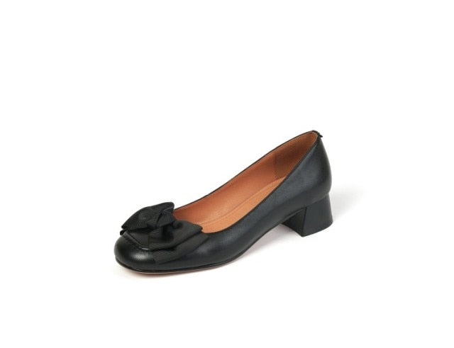 Women Shoes Kawaii Shoes Leather Woman Medium Heel Zapatos Mujer Pumps Shoes For Women With Bow Tie Office Footwear Size 33-40