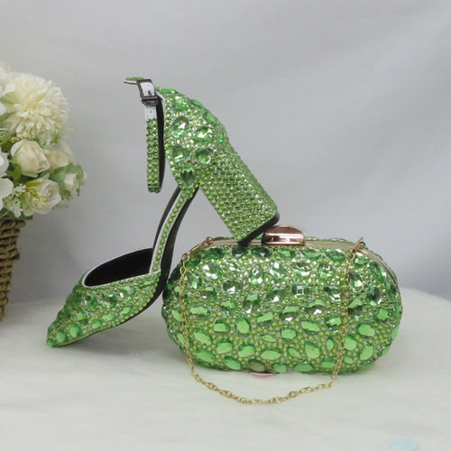 BaoYaFang Light Green Crystal Sandals Women's wedding shoes with matching bag Bride Pointed toe Thick Heel Buckle Sandals woman