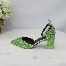 Load image into Gallery viewer, BaoYaFang Light Green Crystal Sandals Women&#39;s wedding shoes with matching bag Bride Pointed toe Thick Heel Buckle Sandals woman