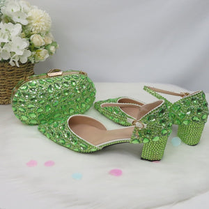 BaoYaFang Light Green Crystal Sandals Women's wedding shoes with matching bag Bride Pointed toe Thick Heel Buckle Sandals woman