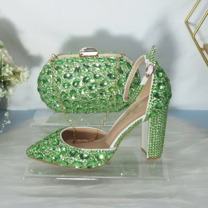 BaoYaFang Light Green Crystal Sandals Women's wedding shoes with matching bag Bride Pointed toe Thick Heel Buckle Sandals woman