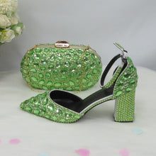 Load image into Gallery viewer, BaoYaFang Light Green Crystal Sandals Women&#39;s wedding shoes with matching bag Bride Pointed toe Thick Heel Buckle Sandals woman