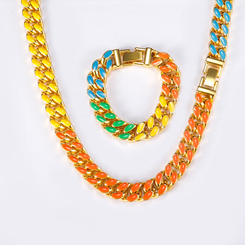 New Hip Hop Colorful Enamel Curb Cuban Link Chain Choker Necklaces Rainbow Bracelets For Men Women 13mm Gold Color Jewelry Sets