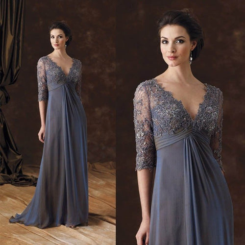 2022 Gray Mother of the Bride Dresses Lace Applique Beading Long Plus Size V-Neck Wedding Party Mother Evening Prom Dresses New